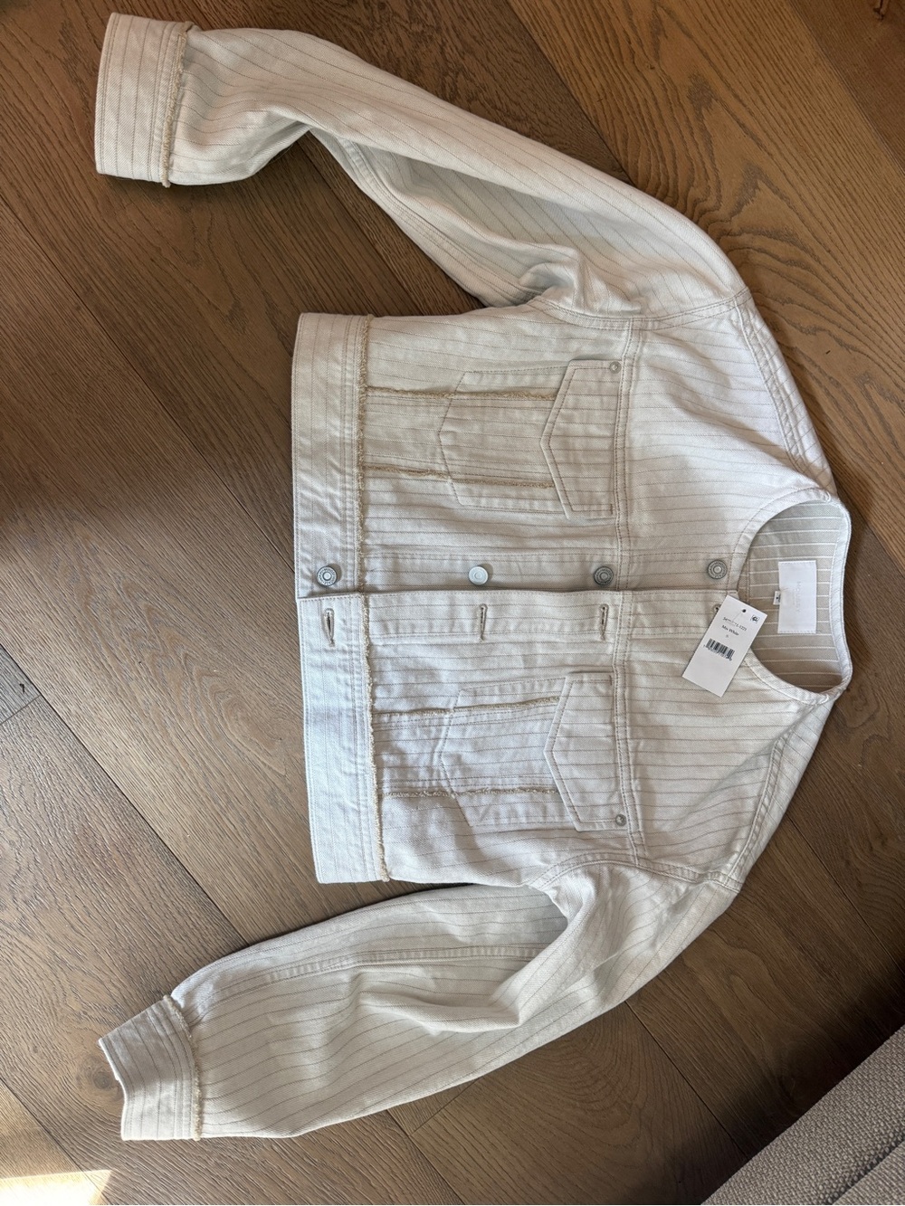Moussy Off-White Pinstriped Cotton Jean denim Jacket, collarless, modern, Small